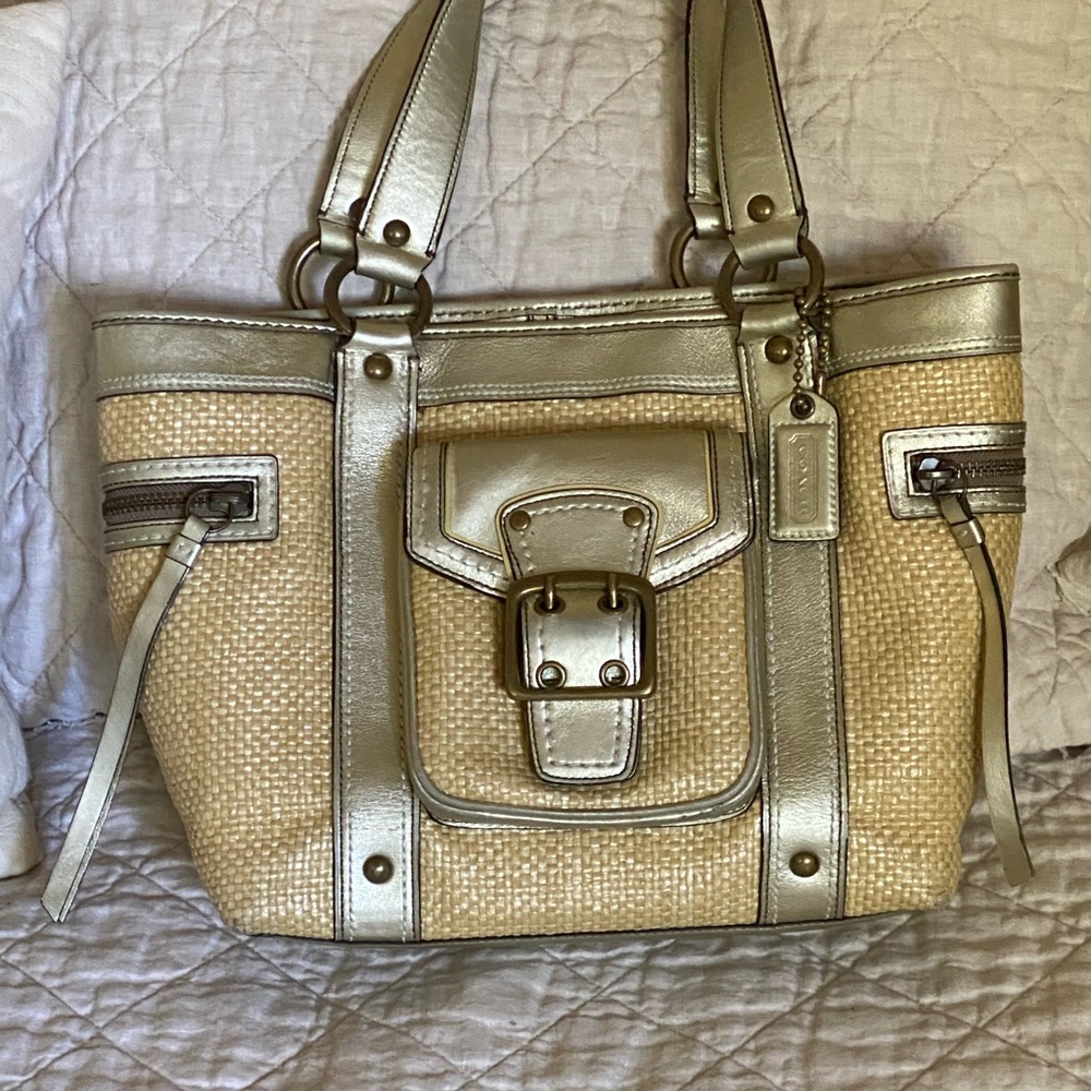 Coach legacy straw and leather tote